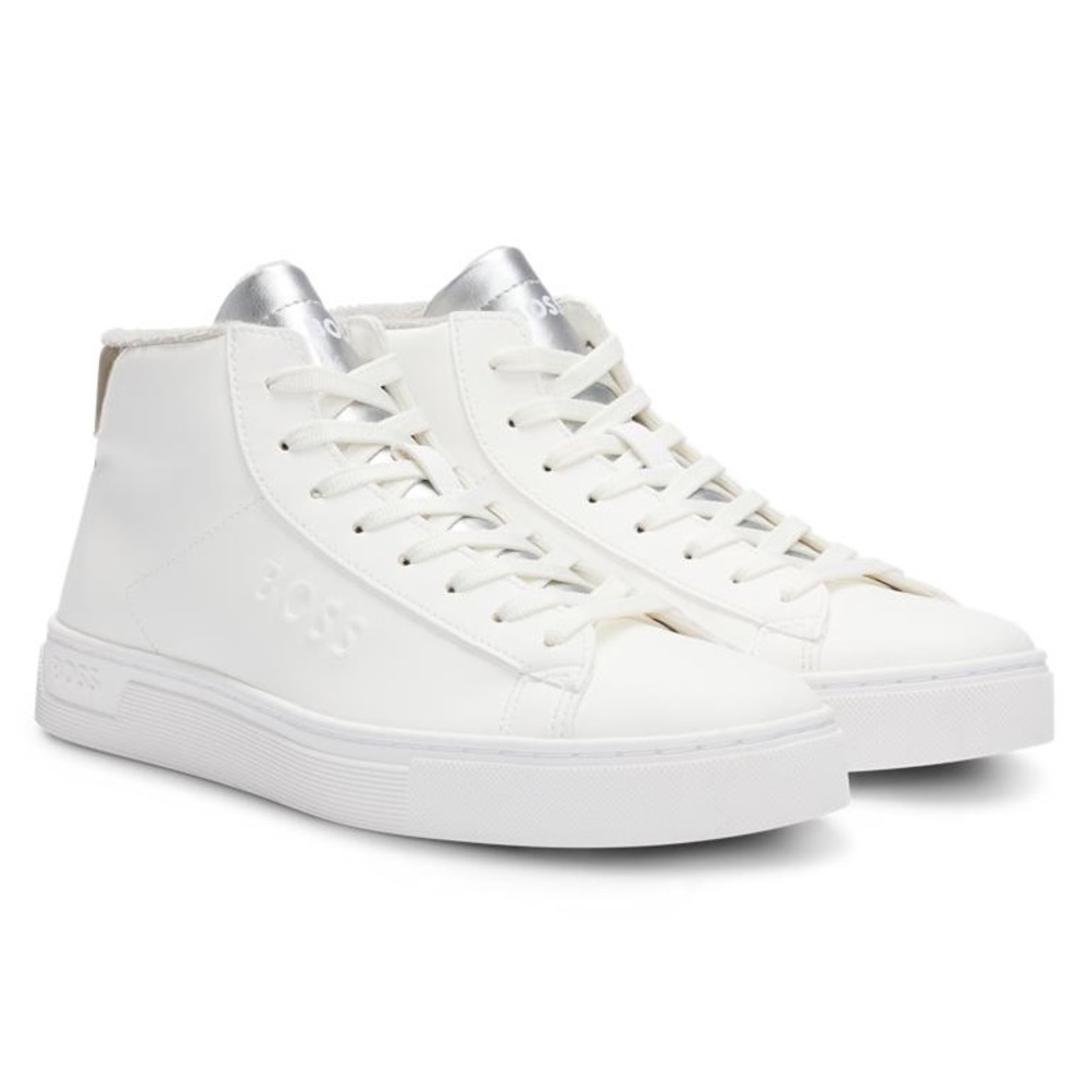 BRAND NEW IN BOX: LEATHER-FACED SNEAKERS WITH GOLD-TONE BRANDING